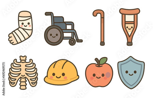 Healthcare flat icon set. featuring bandage, wheelchair, cane, crutch, ribs, helmet, apple, shield symbols.