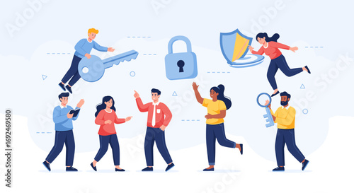 Diverse individuals collaborate to manage digital security, data protection, and access control, symbolizing privacy and online safety in a modern flat illustration.