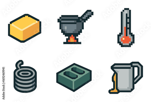 Alchemy flat icons set. featuring gold, cauldron, thermometer, coiled wire, brick, pouring pot symbols.