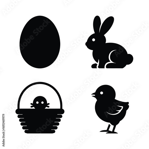 Minimalist black silhouettes of easter icons including egg bunny basket and chick silhouette vector illustration white background