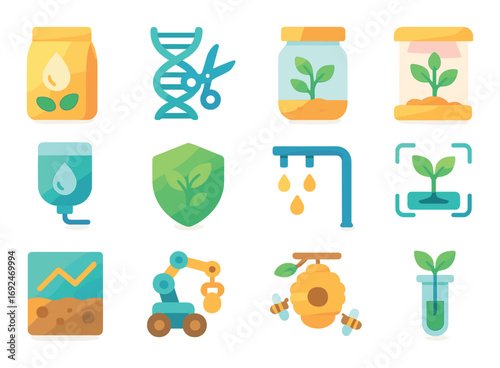 Agriculture flat icon set. featuring plant, dna, jar, water, shield, pipe, graph, robot, bee, test tube symbols.