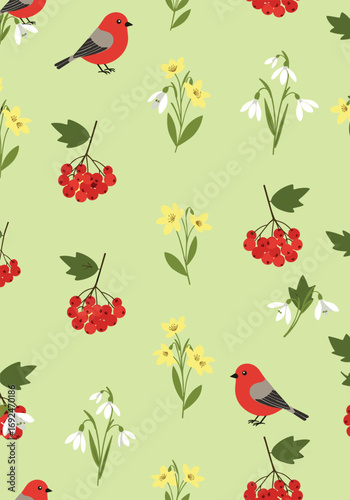 Charming seamless pattern featuring winter birds and early spring blooms