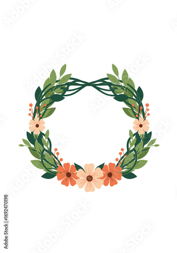 A beautiful circular garland of green leaves and delicate orange and peach flowers adorning the empty space