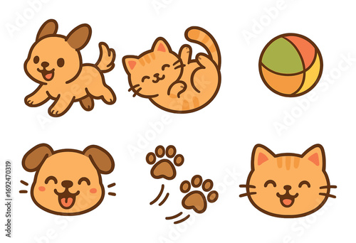 Pet silhouette icon set. featuring dog, cat, ball, playful, paw, happy symbols.