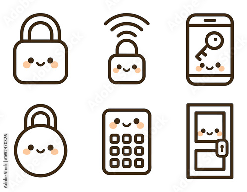 Security linear icon set. featuring padlock, wireless, smartphone, access, keypad, door lock symbols.