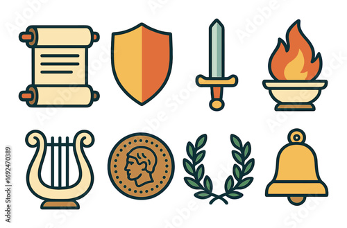 Ancient history flat icons set. featuring scroll, shield, sword, flame, lyre, coin, laurel, bell.