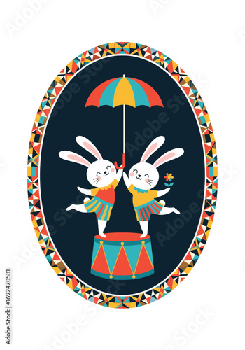 Two adorable white bunnies perform an amazing circus act balancing on a drum under a colorful umbrella