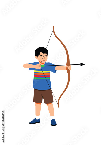 Young boy aiming a wooden bow and arrow with focus and determination for the target
