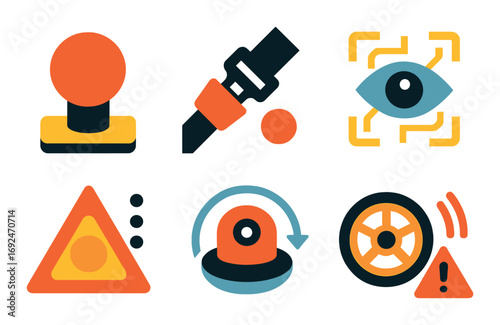 Security and alert flat icon set. featuring shield, lock, alarm, eye, padlock, siren, and warning symbols.