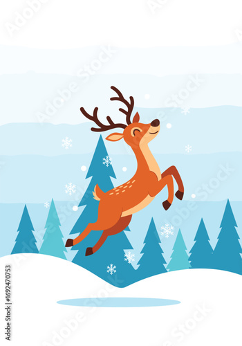 Joyful deer leaps through snowy winter forest scene with falling snowflakes