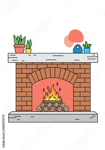 Cozy brick fireplace with burning fire plants and cute monsters on mantel