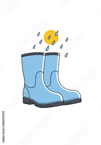 Light blue rubber rain boots with sun shining through falling raindrops