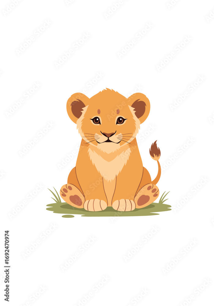Fototapeta premium Cute baby lion sitting in green grass safari animal illustration vector