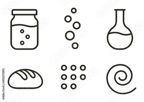 Baking and fermentation linear icon set. featuring jar, bubbles, flask, bread, dots, and spiral.