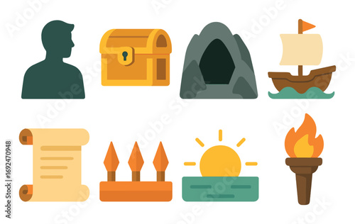 Adventure and exploration flat icon set. featuring explorer, treasure, cave, ship, scroll, and sunset symbols.