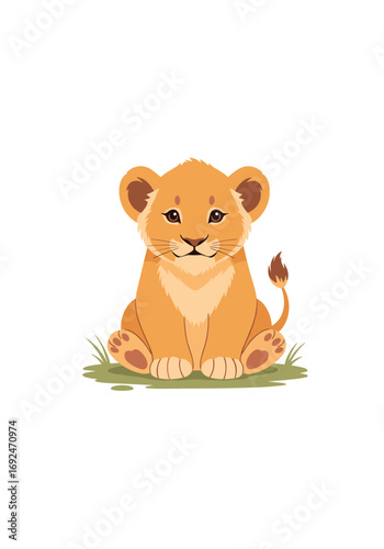 Cute baby lion sitting in green grass safari animal illustration vector