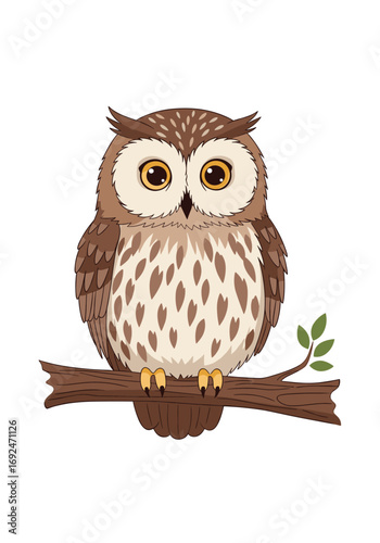 A charming small owl perched on a woody branch with green leaves detailed illustration