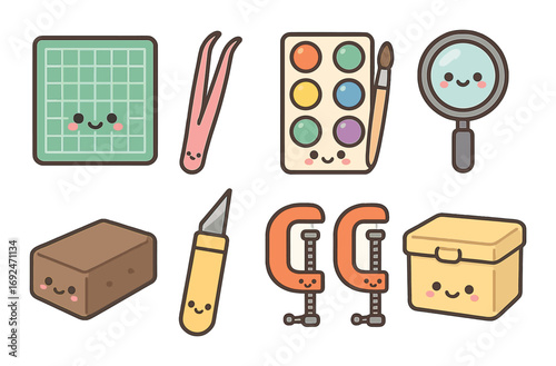 Crafting tools flat icons set. featuring mat, tweezers, paint, magnifier, eraser, knife, clamps, box.