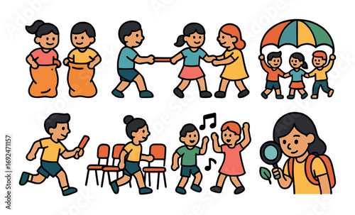 Kids activities flat icon set. featuring sack race, tug of war, parachute, relay, musical chairs, dance, and exploration icons.