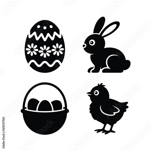 Minimalist easter icons featuring egg bunny chick and basket in silhouette style silhouette vector illustration white background