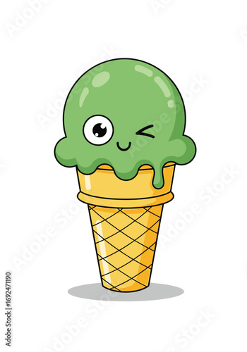 A cute green ice cream cone winking playfully with a blob of sweet cream