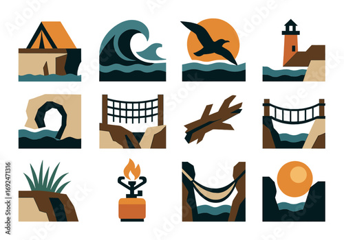 Outdoor adventure flat icon set. featuring hiking, camping, surfing, birdwatching, and lighthouse symbols.