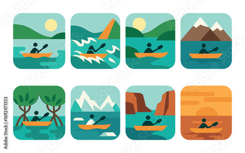 Kayaking adventure silhouette icon set. featuring river, sea, sunset, mountains, and kayak symbols.
