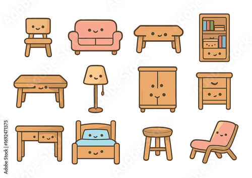 Furniture theme flat icons set. featuring chair, sofa, table, bookshelf, lamp, bed, wardrobe, stool, desk.