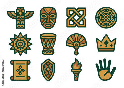 Cultural heritage flat icon set. featuring owl, mask, knot, labyrinth, drum, fan, crown, scroll, shield, torch, and hand symbols.
