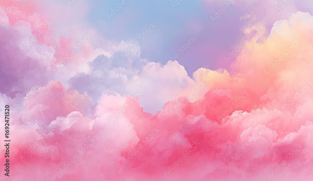Naklejka premium Pastel-hued cloudscape. Soft, dreamy colors of pink, purple, and peach blend in a wide expanse of clouds