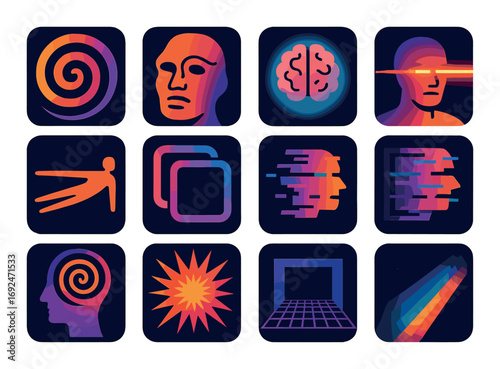 Abstract futuristic silhouette icon set. featuring spiral, face, brain, laser eyes, and movement symbols.