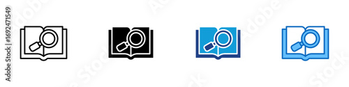 Research Book Multiple Style Icon Design Vector - Open book with magnifying glass, symbolizing research, analysis, or deep study