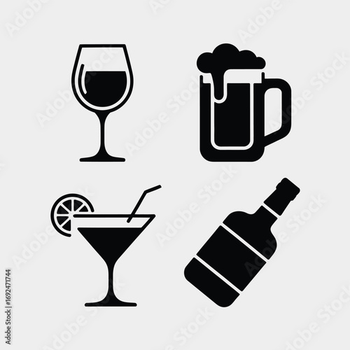 Set of minimalist icons representing alcoholic drinks wine beer cocktail and liquor bottle silhouette vector illustration white background