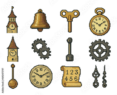 Steampunk equipment silhouette icon set. featuring clock tower, bell, key, pocket watch, gears, clock hands.