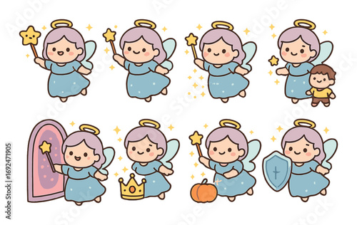 Fairy character flat icon set. featuring wand, wings, crown, pumpkin, door, shield, and child symbols.