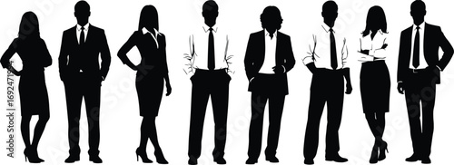 Vector business people silhouettes standing in confident poses wearing formal suits and dresses, professional corporate team illustration concept.