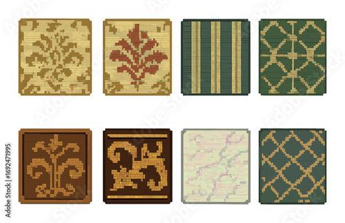 Decorative silhouette icon set. featuring damask, floral, striped, geometric, ornate, and classic patterns.