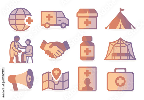 Healthcare assistance silhouette icon set. featuring globe, ambulance, clinic, tent, doctor, handshake, medicine.