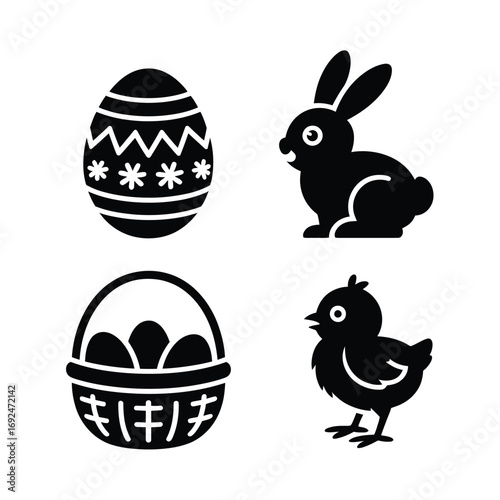 Minimalist easter icons black silhouette of bunny egg basket and chick for celebration silhouette vector illustration white background