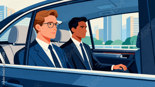 Business figures, sitting in a business car, reviewing documents, driving, flat design, vector illustrations