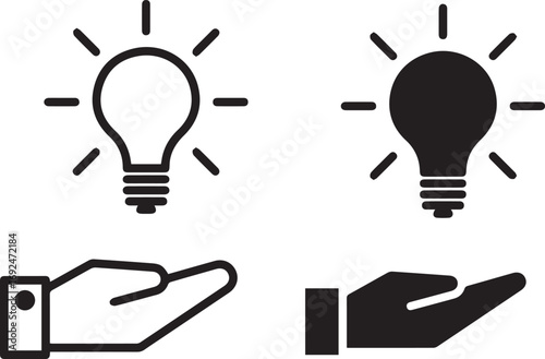 Hand holding lightbulb, gear inside bulb, innovation concept, black and white icon, simple line drawing, idea symbol, technology illustration	