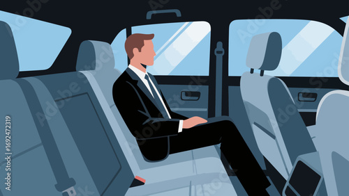 Business figures, sitting in a business car, reviewing documents, driving, flat design, vector illustrations