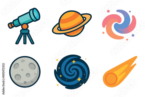 Space exploration flat icon set. featuring telescope, saturn, galaxy, moon, spiral galaxy, and comet symbols.