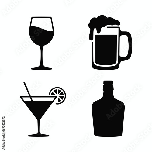 Minimalist silhouettes of classic alcoholic beverages wine cocktail beer and spirits silhouette vector illustration white background