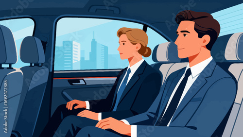 Business figures, sitting in a business car, reviewing documents, driving, flat design, vector illustrations