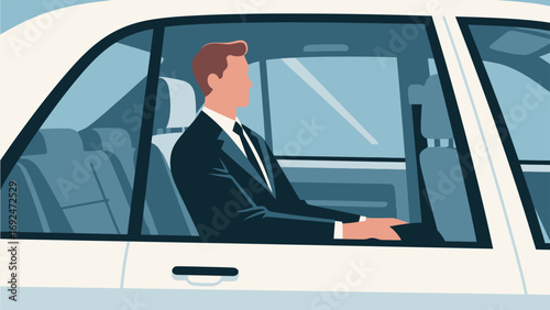 Business figures, sitting in a business car, reviewing documents, driving, flat design, vector illustrations