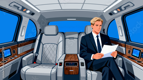 Business figures, sitting in a business car, reviewing documents, driving, flat design, vector illustrations
