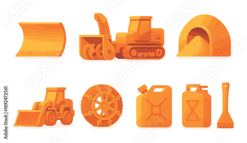 Construction equipment silhouette icon set. featuring bulldozer, wheel loader, excavator, snow blower, sand pile.