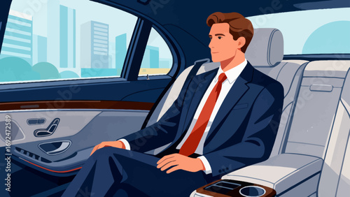 Business figures, sitting in a business car, reviewing documents, driving, flat design, vector illustrations