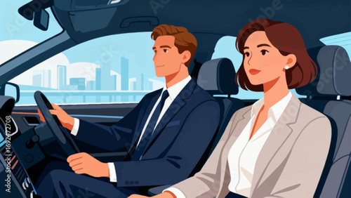 Business figures, sitting in a business car, reviewing documents, driving, flat design, vector illustrations